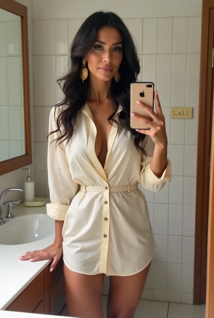 The image is a mirror selfie of a american boss woman age upto 40, standing in a bathroom. She is holding her iphone 15 pro max in her right hand and taking the picture. The woman is wearing a cream color shirt, length  upto her thigh, two button open. Hig...