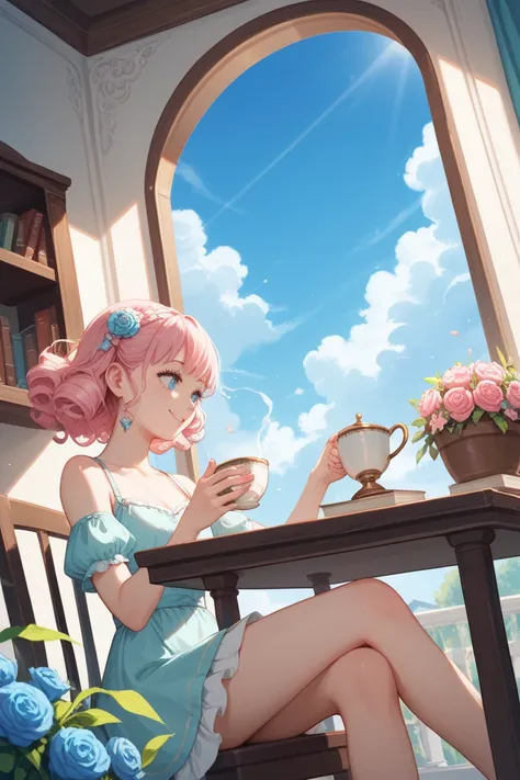 In a spacious, bright room, two anime girls are sitting. The first has long, silky hair flowing back, and her eyes are large and sparkling. She is wearing a light, pastel pink summer dress. The dress is light, falling slightly below her shoulders, and her ...