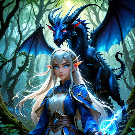  an Isekai anime-style image of a dark magical fantasy world with anime characters, Dragon Girl anime , Elvish girl anime ,  dark forests , flying dragon with a goats head ,  powerful demon girls casting dark magic, neon blue eyes,  beautiful professional ...