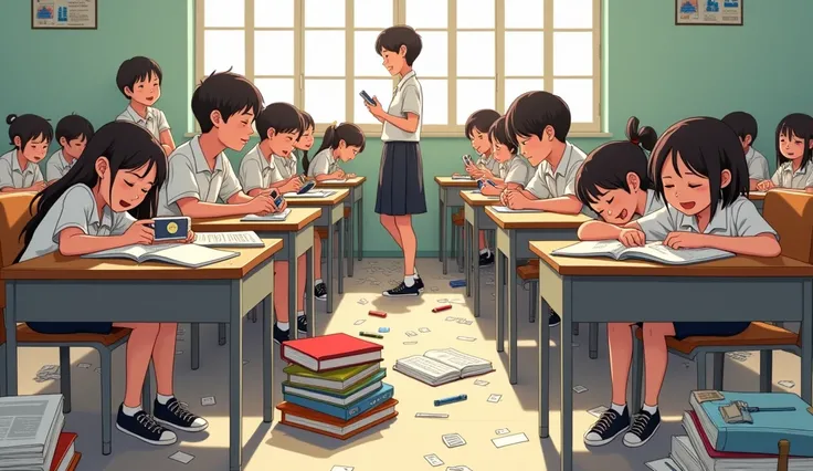 An anime-style illustration of a lively Indonesian vocational high school (SMK) classroom, filled with 15 students engaging in various activities. The classroom features wooden desks and chairs, with some desks cluttered with books, stationery, and noteboo...