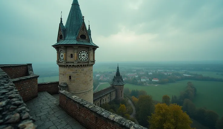 Close-up of the clock tower on the medieval castle in Nesvizh， Minsk Region ，Belarus 。Outstanding photography