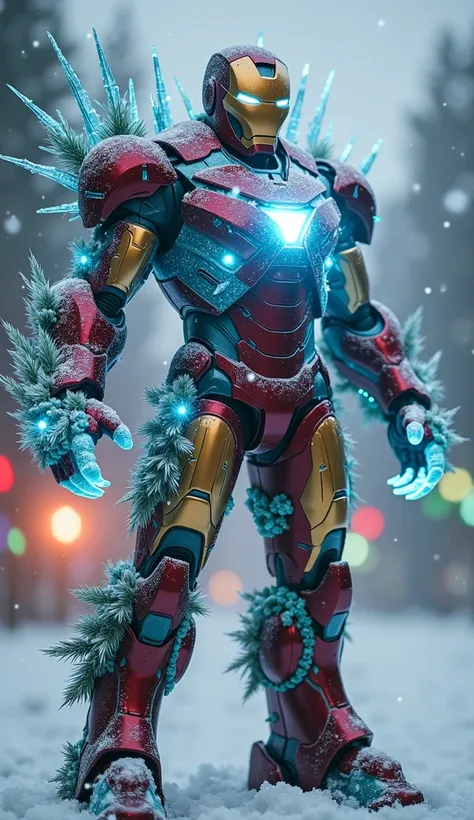 create 32k High Resolution, Masterpiece UHD hybrid fusion of Iron Man and a decorated Christmas Tree, mutated and evolved into a powerful, dangerous form. The hybrid combines Iron Man’s armored body with the organic, festive elements of a Christmas tree. I...