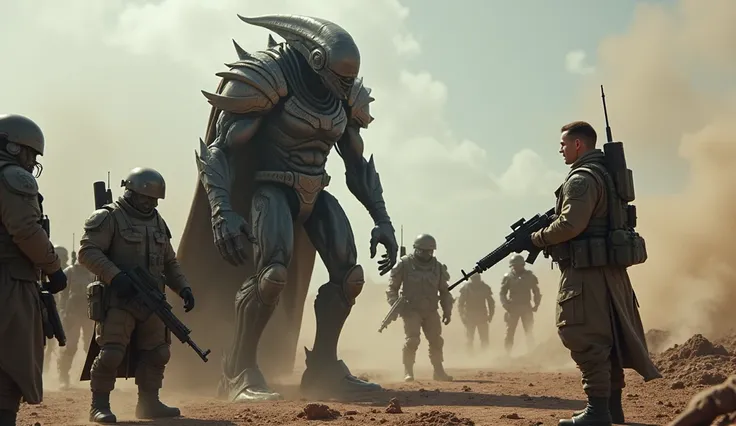 "An alien warlord stands before a group of confused soldiers, realizing that Earth’s power lies in its humor, not in weapons. The scene is filled with tension, but the alien’s expression is one of disbelief. The setting is a futuristic, war-torn battlefiel...