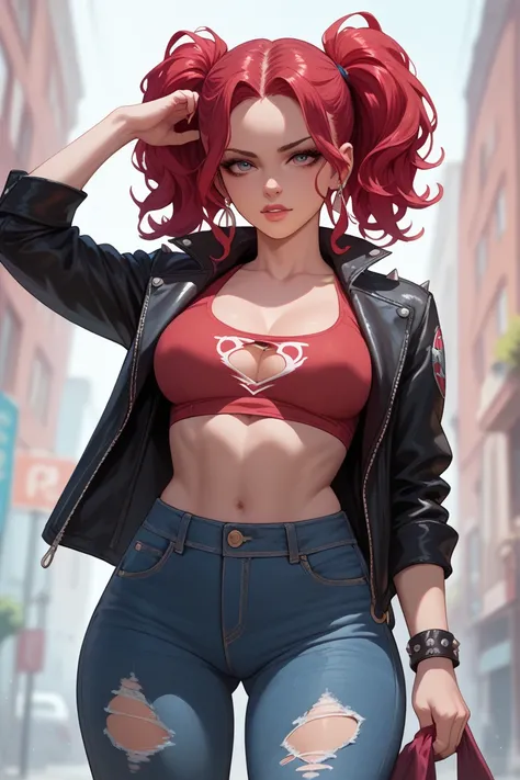 A hot young girl with crimson hair and sharp features, wearing a leather jacket, ripped jeans, front view