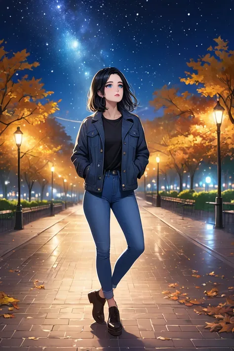  (masterpiece,  best quality, 8k,  high definition), whole body,  1 woman ,  medium-length black hair, Mid-chest,  soft blue Eyes ,  soft lips , Beautiful face,  wearing casual clothes, jeans, and a fall jacket,  natural light,  detailed background,  Detai...