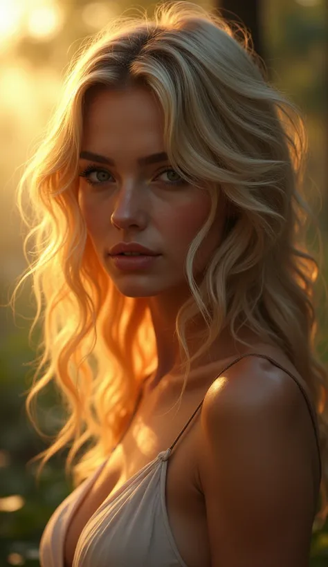 closeup portrait, sexy SSblonde hair, parted lips, lips, casual dress, looking at viewer, forest background, sunset lights, realistic