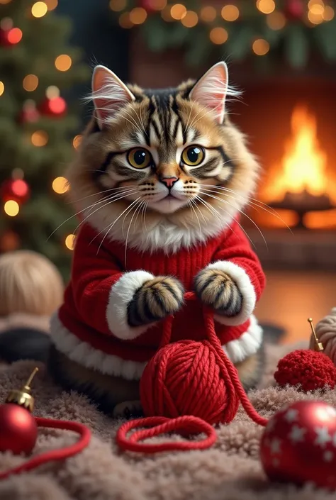 Chat de Noël faisant du crochet 