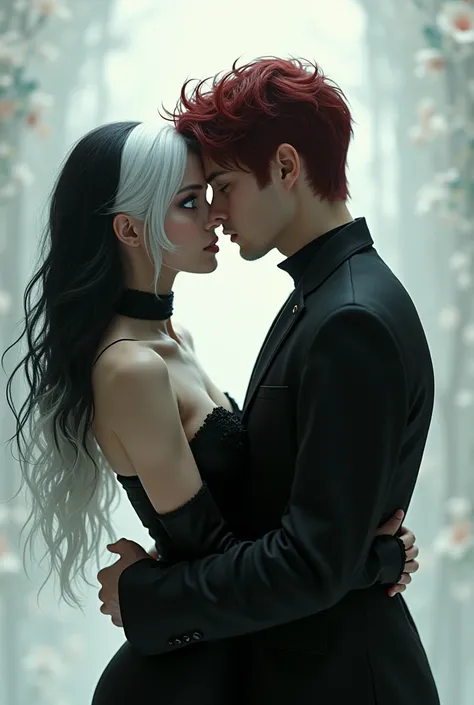  A woman with half white hair , half black, 1,69 white eyes ,  and black and white clothes kissing a man with short dark red hair,  green eyes, 1,80