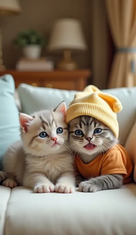  Se the tail of a cute Persian kitten  ,cute and adorable  , thick hairy peak nose type of whitish-gray color  ,light blue eyes ,  using a cute light yellow hat and orens color shirt,  fat body and an adorable face , lying together on a white couch with a ...