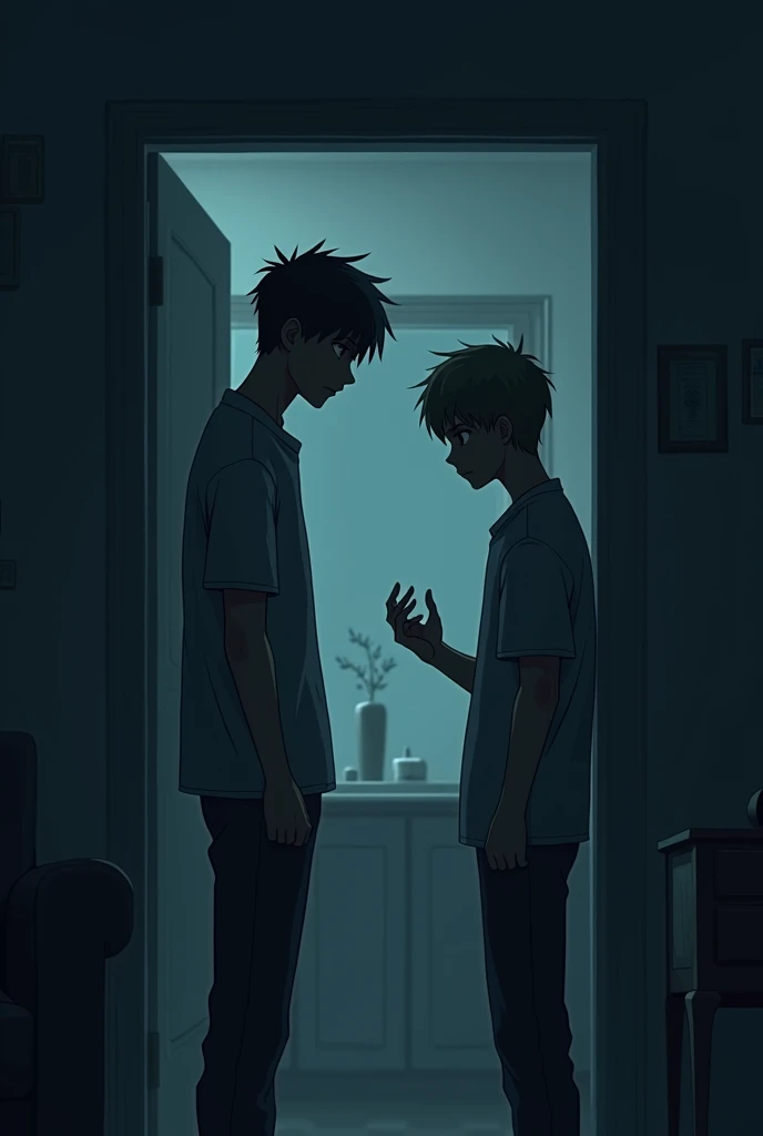 Two teen boys standing in dark room and talking sadly anime 