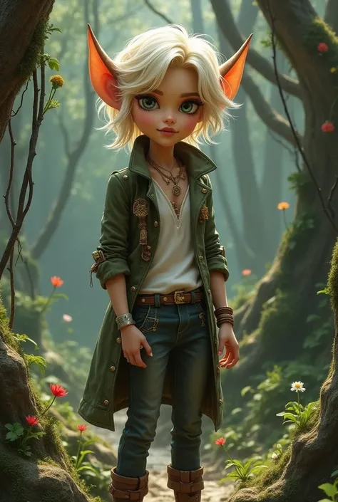 , create a character from the Monster High series who is a Faun son of the god Pan , He is a boy with casual but elegant clothes. Her hair is pale blonde with semi-long, wavy hair.,  her personality is strong but shy.