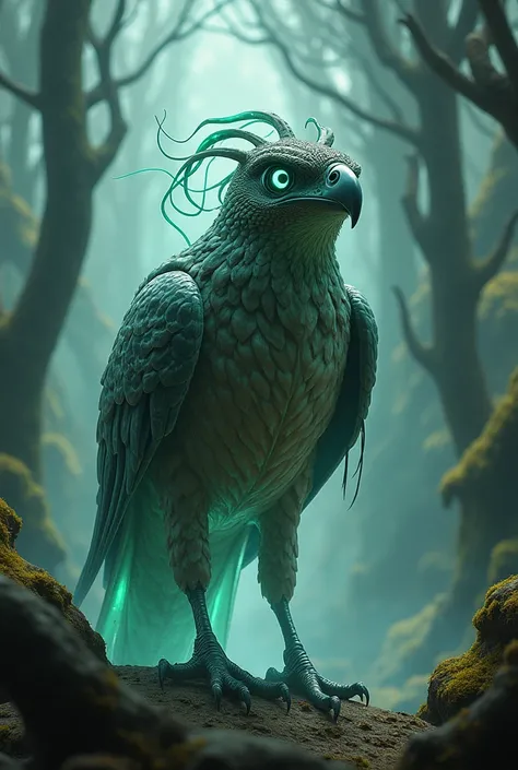 "A fearsome hybrid of a falcon, a barracuda, and an alien organism. Its sleek, feathered body is covered in a translucent exoskeleton that pulses with strange, otherworldly fluids. Its eyes are multiple, glowing, and arranged in an unnatural pattern across...