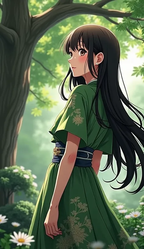 anime girl in a green dress standing in front of a tree, anime visual of a cute girl, anime visual of a young woman, anime girl with long hair, artwork in the style of guweiz, makoto shinkai art style, beautiful anime, beautiful anime girl, beautiful anime...