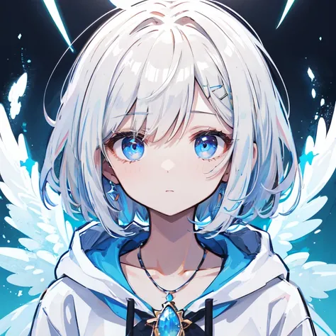  hoodie. She has a beautiful face and is bright  、[Strange Eyes、 I can see a magical light around her 、 Detail view.  bright color.  high res. Magic Wand、White Hair、Two-tone hair color、 JEWEL NECKLACE 、 an illustration of a delicate design、 short hair