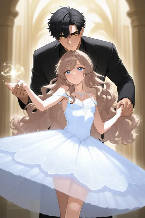 Tall man with Black hair light cold blue eyes tall handsome bad temper wearing black clothes and a ballerina girl with light brown long wavy hair and shiny golden eyes in a magic land wearing a white delicate dress enemies 