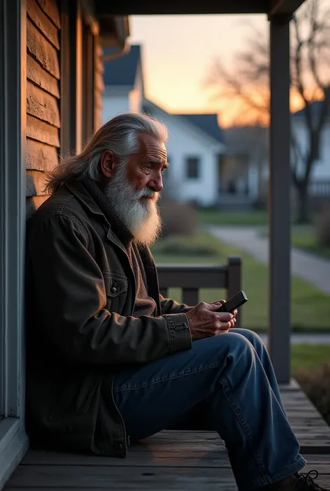 A rugged, elderly man with gray hair and a determined expression, sitting on a porch with a phone in his hand. The background shows a quiet suburban neighborhood at dusk.