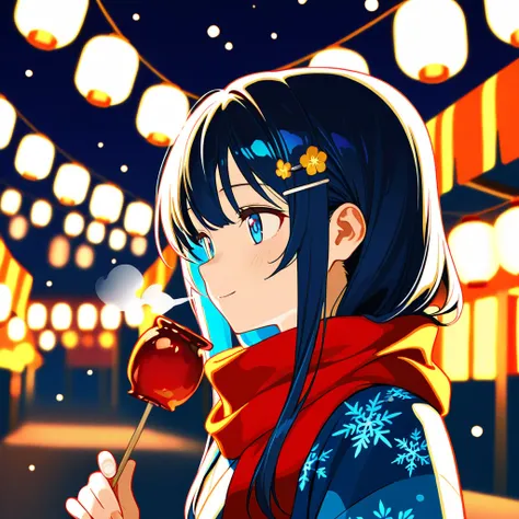 A masterpiece, high-quality digital illustration of a cheerful and excited young girl at a Japanese New Years festival. She has 【long　hair】, straight hair dark blue hair that flows elegantly, and striking blue eyes. She is wearing a beautiful winter kimono...