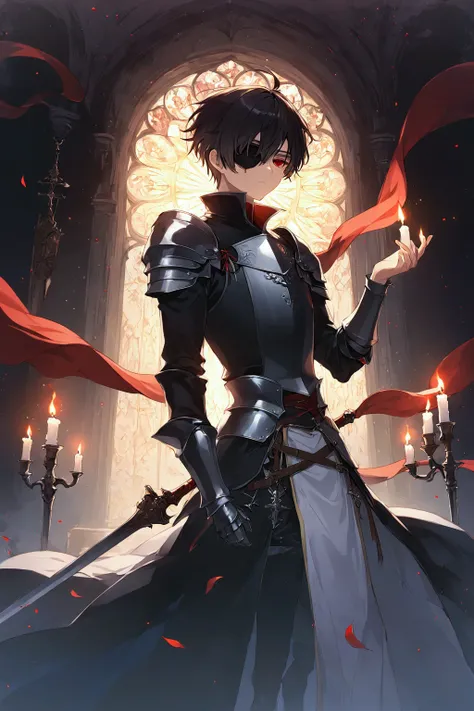 Illustration, top quality, pixiv illustration, very detailed animation, (alone) (male), left eye patch, black hair, short hair, red eyes, knight, dark and serene room with candle, black clothes