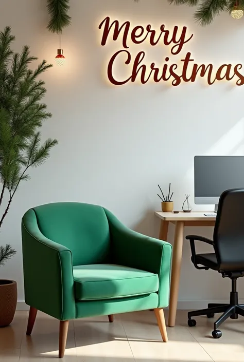  A multidisciplinary clinic decorated for Christmas with a green armchair,  gray desktop , black chairs, white walls and merry Christmas letters  