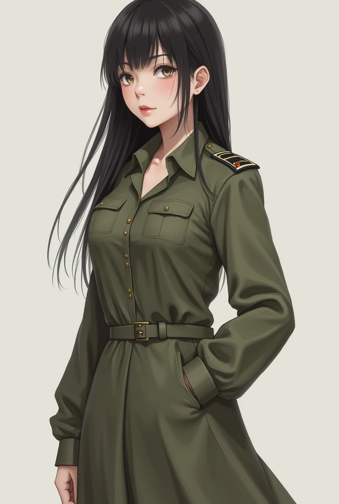 Korean female long straight hair with bang wear long sleeve button shirts Khaki colour has military insignia on shoulder Unbottoned collar Skirt khaki colour She stands with her back turned 