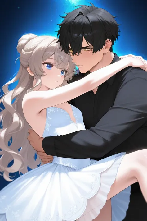 Tall man with Black hair light cold blue eyes tall handsome bad temper wearing black clothes and a ballerina girl with light brown long wavy hair and shiny golden eyes in a magic land wearing a white delicate dress enemies