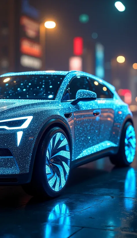 A futuristic SUV covered in shimmering blue diamonds, with glowing accents resembling sapphires embedded into its wheels and headlights.