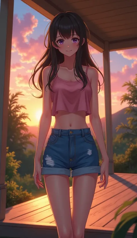 anime girl in a pink top and blue shorts standing on a porch, watching the sun set. anime, style of alena aenami, inspired by Alena Aenami, alena aenami and artgerm, beautiful alluring anime teen, realistic art style, realistic artstyle, style of aenami al...