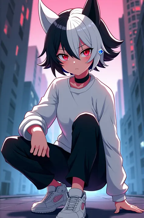 Half black half white hair  ,Ojos rojos, white sweatshirt, black pants and white sneakers an Areta in the shape of a diamond and semi-mushroom cut art by Digimon 