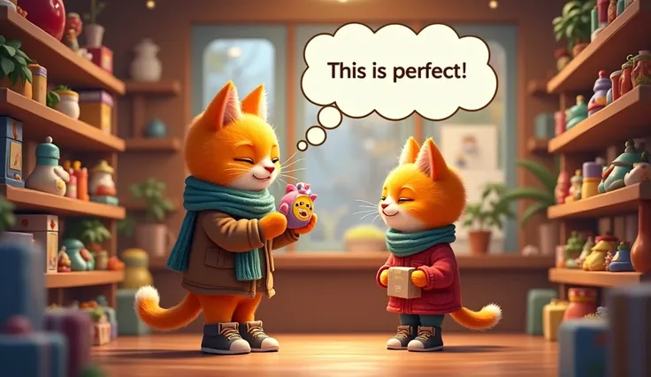 Inside the shop,The shop interior is cozy, with shelves filled with toys and gifts." the orange father cat wearing scarf, coat and warm clothes and shoes looks through various items, finally picking up a colorful toy. He smiles warmly, imagining his little...