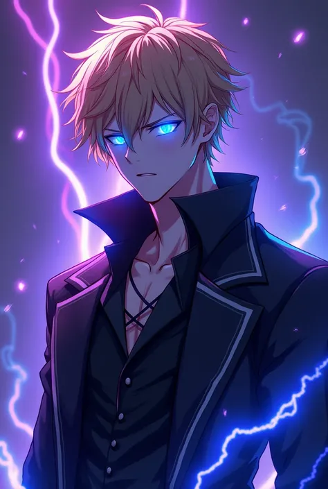 Anime man, short blonde hair, glowing blue eyes, all black pirate clothes, purple lighting around body, blue lightning from eyes