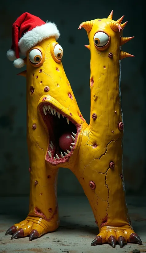 A realistic and terrifying depiction of the letter N as a living character. The N is bright yellow, with its two vertical legs and diagonal connector shaped to resemble a monstrous creature. Large, lifelike eyes are positioned at the top corners of each ve...