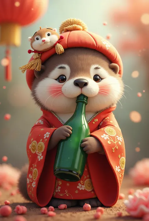 The cute sea otters cheeks are red, so she is wearing a hanbok and drinking a green bottle of sake with a lucky bag on her head 