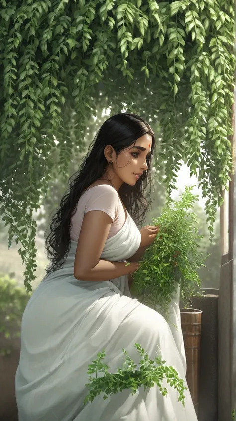 Ultra Realistic Indian beautiful women wearing saree watering water to tulsi plant at day.