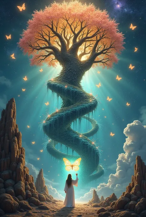 The Convergence of Eternity - an ultra-detailed surreal masterpiece depicting a massive ancient tree of life emerging from a quantum crystal core, its branches evolving into neural networks and DNA helixes that spiral into infinite fractals. The roots tran...