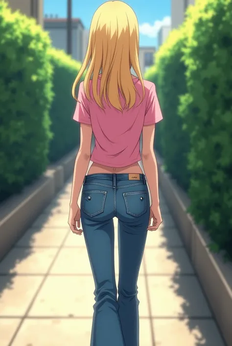  poses in her underwear , She is blonde, half-haired .  She has a wide pink boat cut t-shirt with short sleeves and bootleg flare jeans.  The girl is walking down a corridor. The walls are very tall .  The walls are very tall shrubs .  Full body .  in prof...