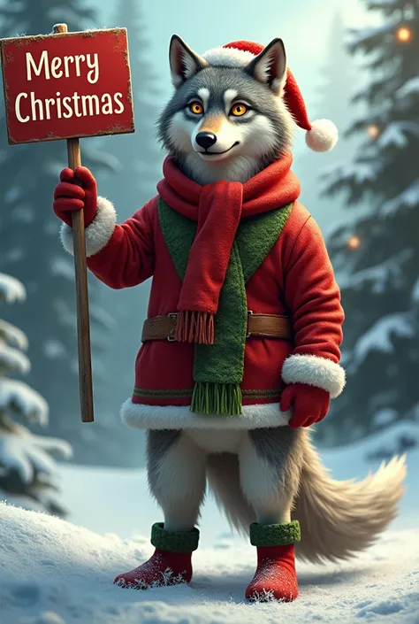 A male gray wolf , with Christmas clothes,  with a Merry Christmas sign 