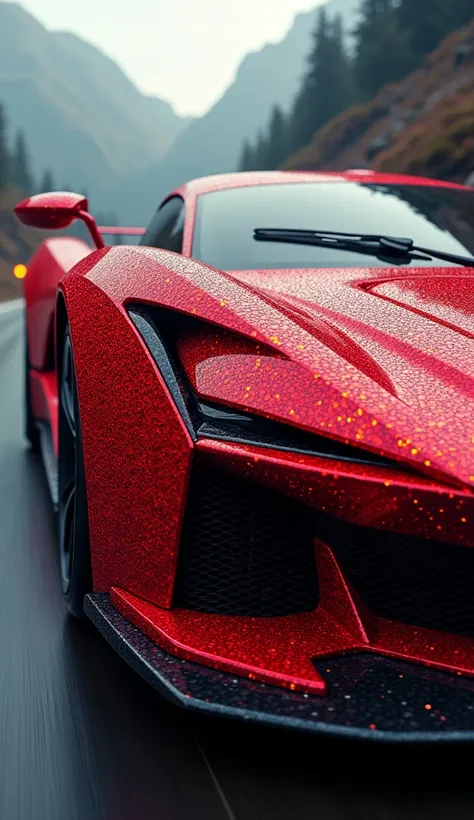 An aerodynamic hypercar with its body encrusted in fiery red diamonds, exuding both speed and opulence