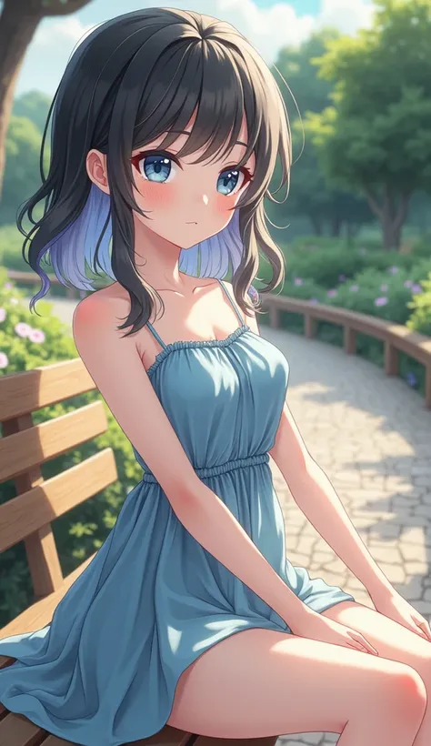 anime girl sitting on a bench in a blue dress, anime moe artstyle, makoto shinkai and artgerm, attractive anime girl, anime visual of a cute girl, cute anime waifu in a nice dress, smooth anime cg art, loli in dress, pretty anime girl, beautiful anime girl...