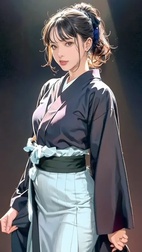 （（（perfect figure，figure，Alone，（（（black robes, sash, hakama skirt）））， （（（What are you doing?, folded ponytail））），((masterpiece)),high resolution, ((Best quality at best))，masterpiece，quality，Best quality，（（（ Exquisite facial features，Looking at the audienc...