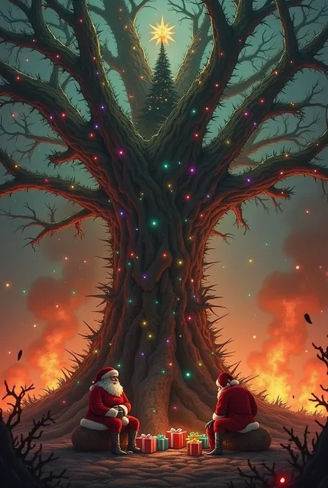 A large tree with sharp thorns all over the trunk, decorated with multicolored lights and five-pointed stars on top. At Christmas, with Santa Claus sitting next to it, with several colorful gift boxes lined up, in hell, fires raged all over.