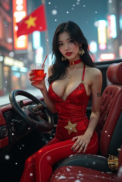 A stunning, surreal, incredibly detailed, vivid digital panorama of a beautiful 19-year-old Vietnamese female SEAL in a Christmas outfit, happily sitting on a Hummer military vehicle equipped with super weapons, super radar, laser guns, M18 machine guns an...