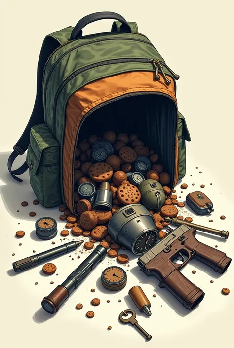 . I want a nice backpack with it open at a high angle and this stuff Im going to tell you to pour out of it on the stomach. : Axe, pen, key, cookie clock, chemical mask, steel ship, carbine 

