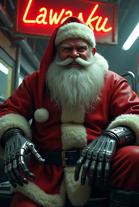 Santa in a slang style with metal style hands with a motorbike repair shop in the background that says LAWASKU