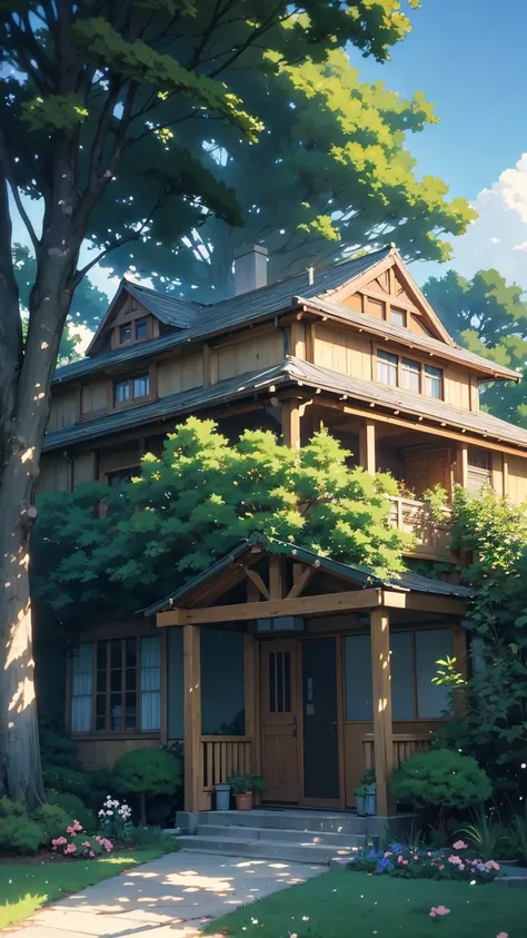 anime house with a tree and bushes in front of it, anime background art, style of makoto shinkai, anime background, beautiful anime scenery, style of madhouse studio anime, studio glibly makoto shinkai, anime scenery, detailed scenery —width 672, in style ...