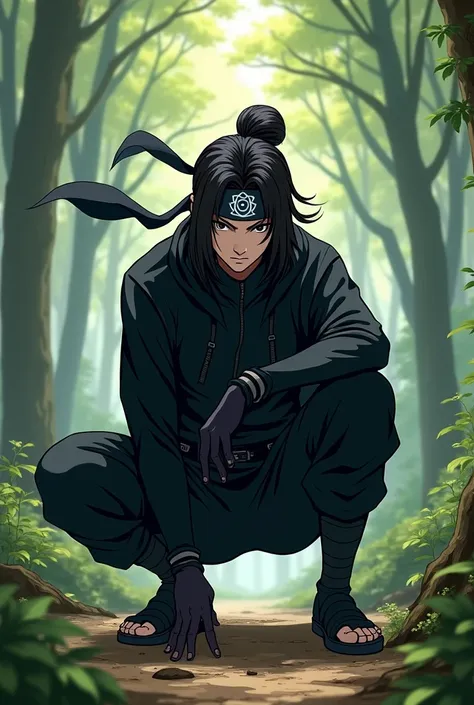 Create a ninja 167cm black hair male and in a black anime-style tracksuit in the woods com uma bandana da pedra