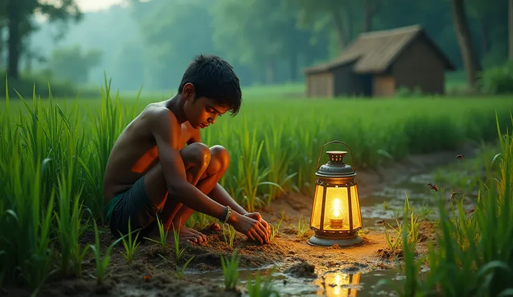 Rajan a s young boy is working in a paddy field, planting rice with muddy hands. Later, he is shown sitting under a lantern, studying outside his house, surrounded by buzzing insects.

Background:
Lush green fields with a canal nearby and a small mud house...