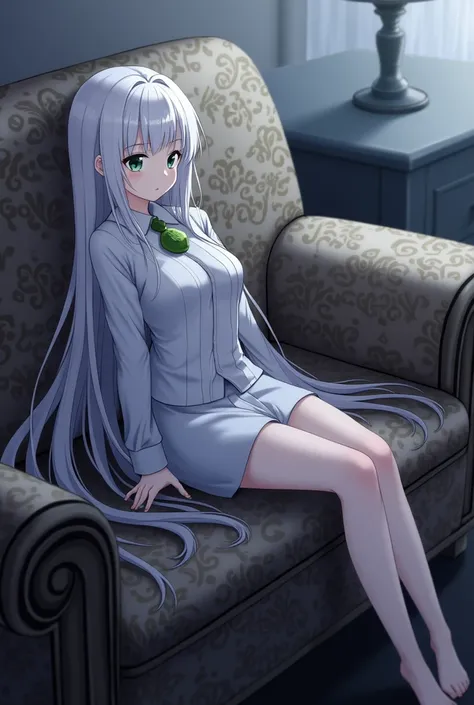  The image depicts an anime girl with long ,  gray hair with a front green lock reclining on a printed sofa adorned with intricate fabric.  The lighting is cool and ambient ,  and a decorative lamp is visible in the background ,  contributing to the cozy a...