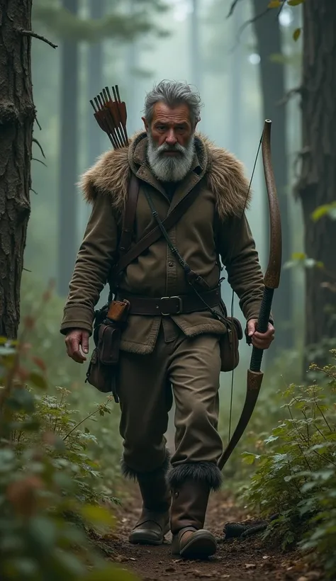 
“A hunter entering a dense forest, holding a bow and arrow. He is dressed like a typical forest dweller, wearing simple, rugged clothing with a rustic appearance. His face is rough, and he appears focused, moving through the wilderness. His attire include...