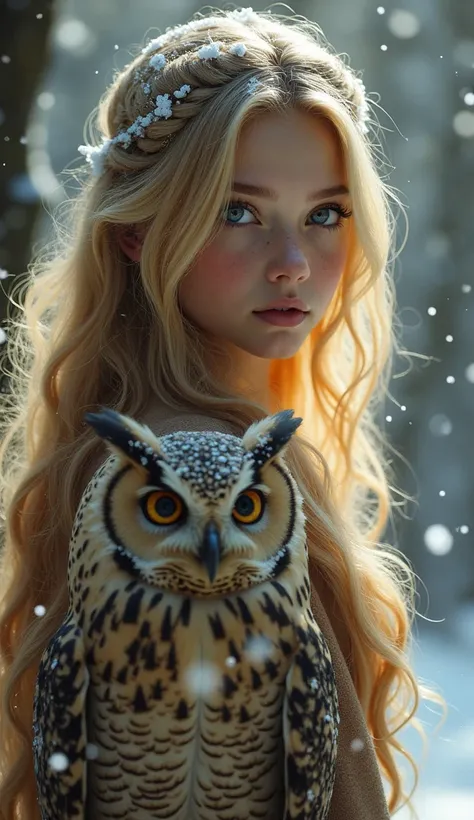  hyperrealism ,  beautiful ,  spectacular , , a beautiful girl with blond long hair,  an owl sits next to her, hyper-detailing the face and body , huge eyes, Mysticism,  backlight , fantasy,  Fairytale Forest, soft bright light , glitter,  professional pho...