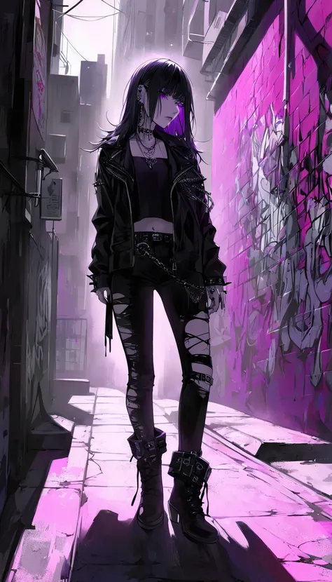 A striking young woman with a gothic, artistic aura, standing in a dimly lit urban alley. She has long, straight black hair cascading down her back and piercing violet eyes that glimmer with quiet intensity. Her lips are painted a dark purple, and her all-...